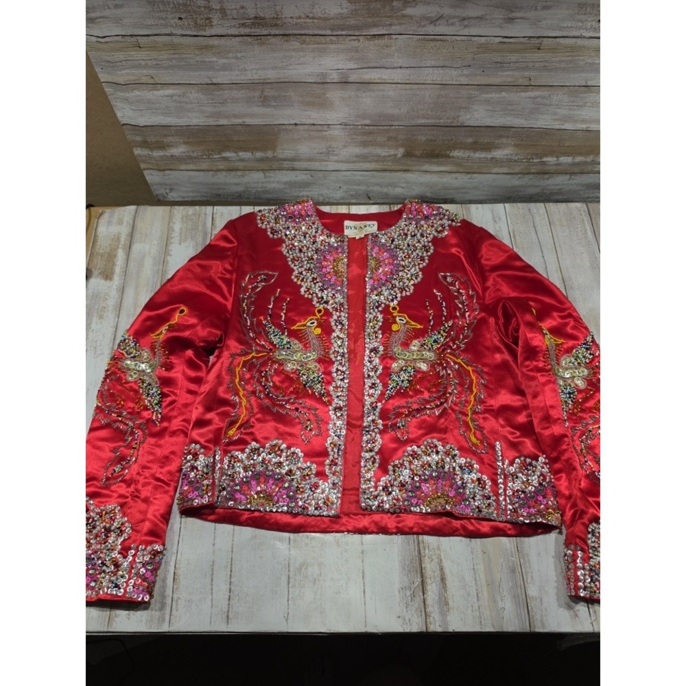 Dynasty Vintage Red Silk Beaded Phoenix Jacket Sequin Open Front Hong Kong S